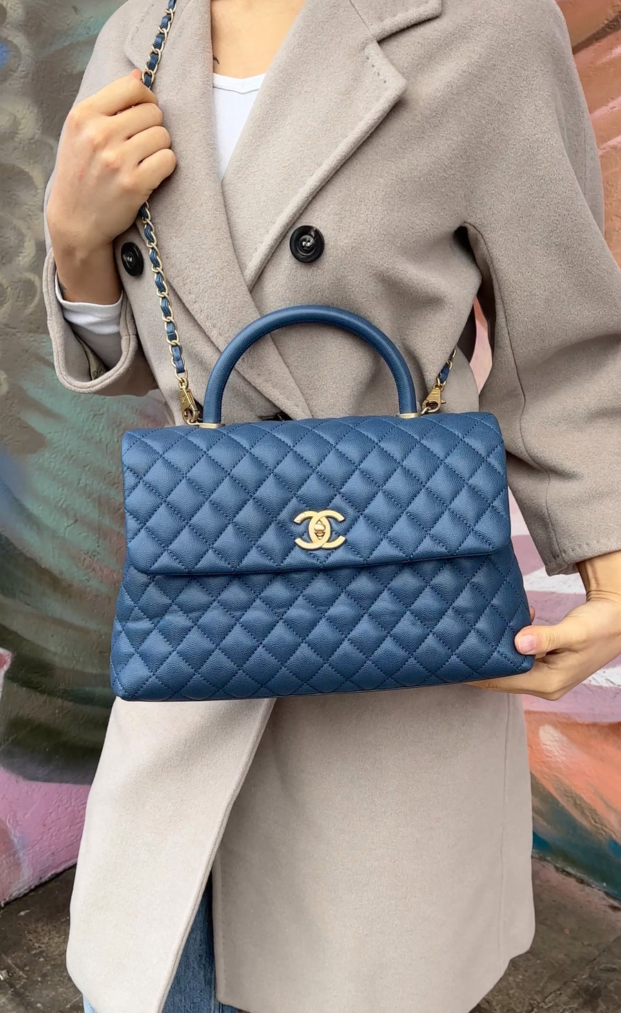Chanel Large Blue Caviar Leather Coco Top Handle Bag GHW