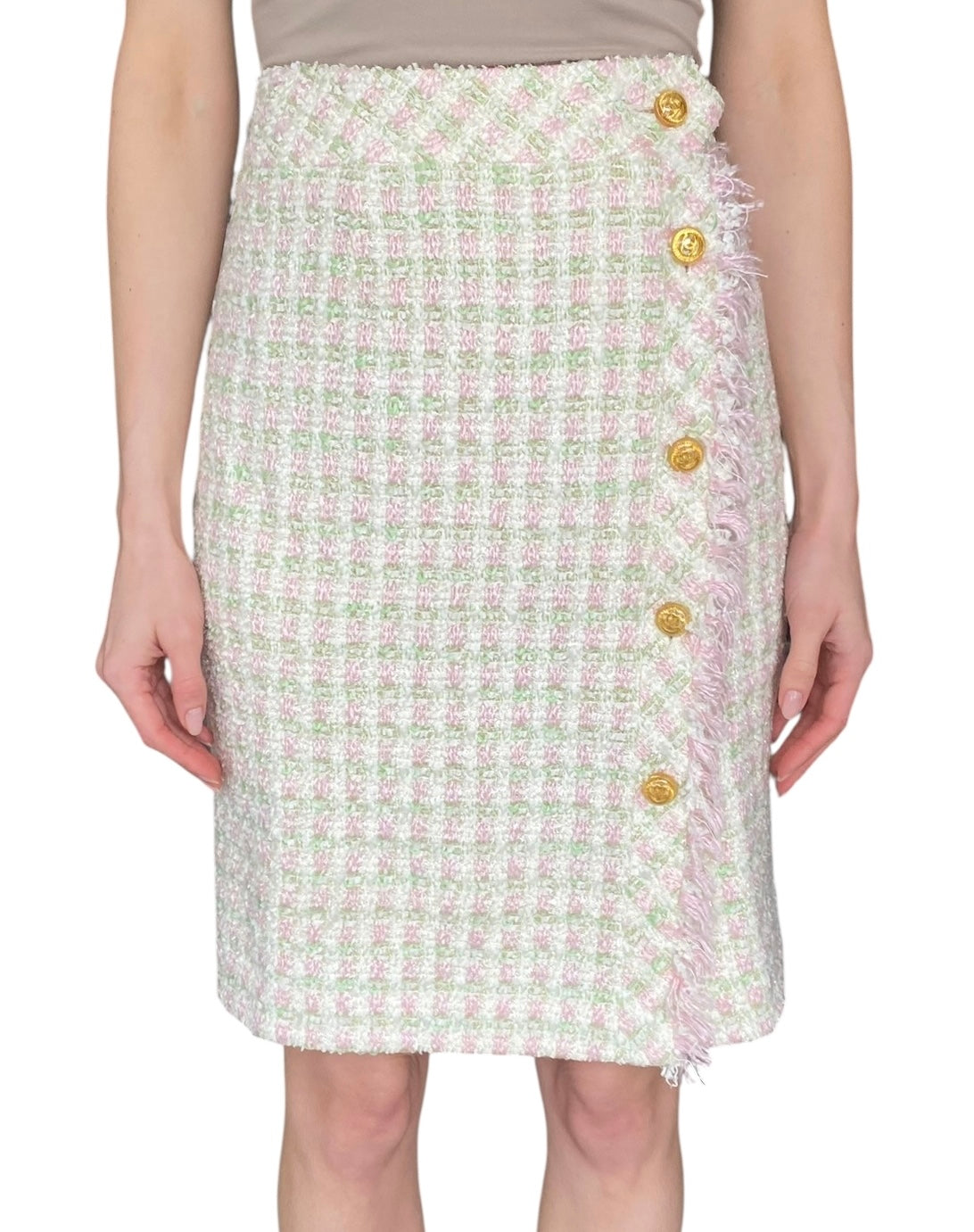 Chanel Vintage 1993 Pink & Green Gingham Tweed CC Button Skirt - FR 42 / US 8-10