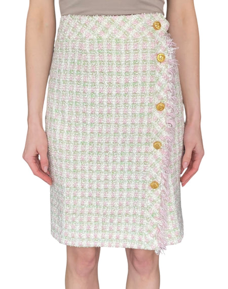Chanel Vintage 1993 Pink & Green Gingham Tweed CC Button Skirt - FR 42 / US 8-10