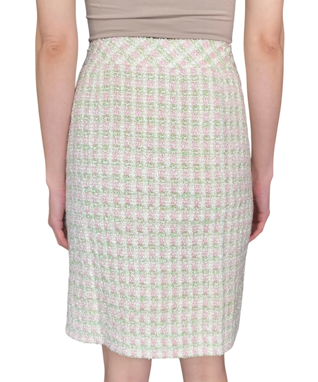 Chanel Vintage 1993 Pink & Green Gingham Tweed CC Button Skirt - FR 42 / US 8-10