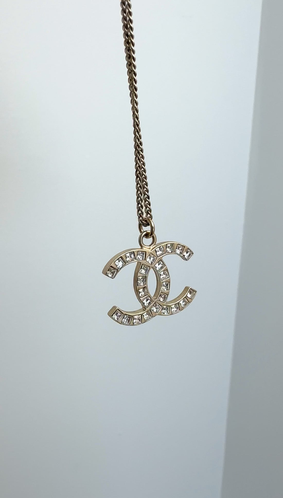 Chanel 12A Antiqued Goltone Crystal CC Baguette Pendant Necklace