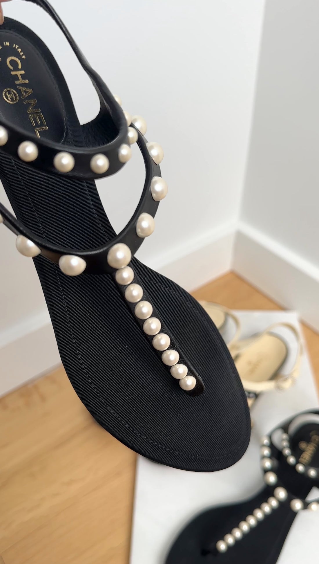 Chanel SS16 Black Grosgrain Faux Pearl Thong Flat Sandal - 37.5