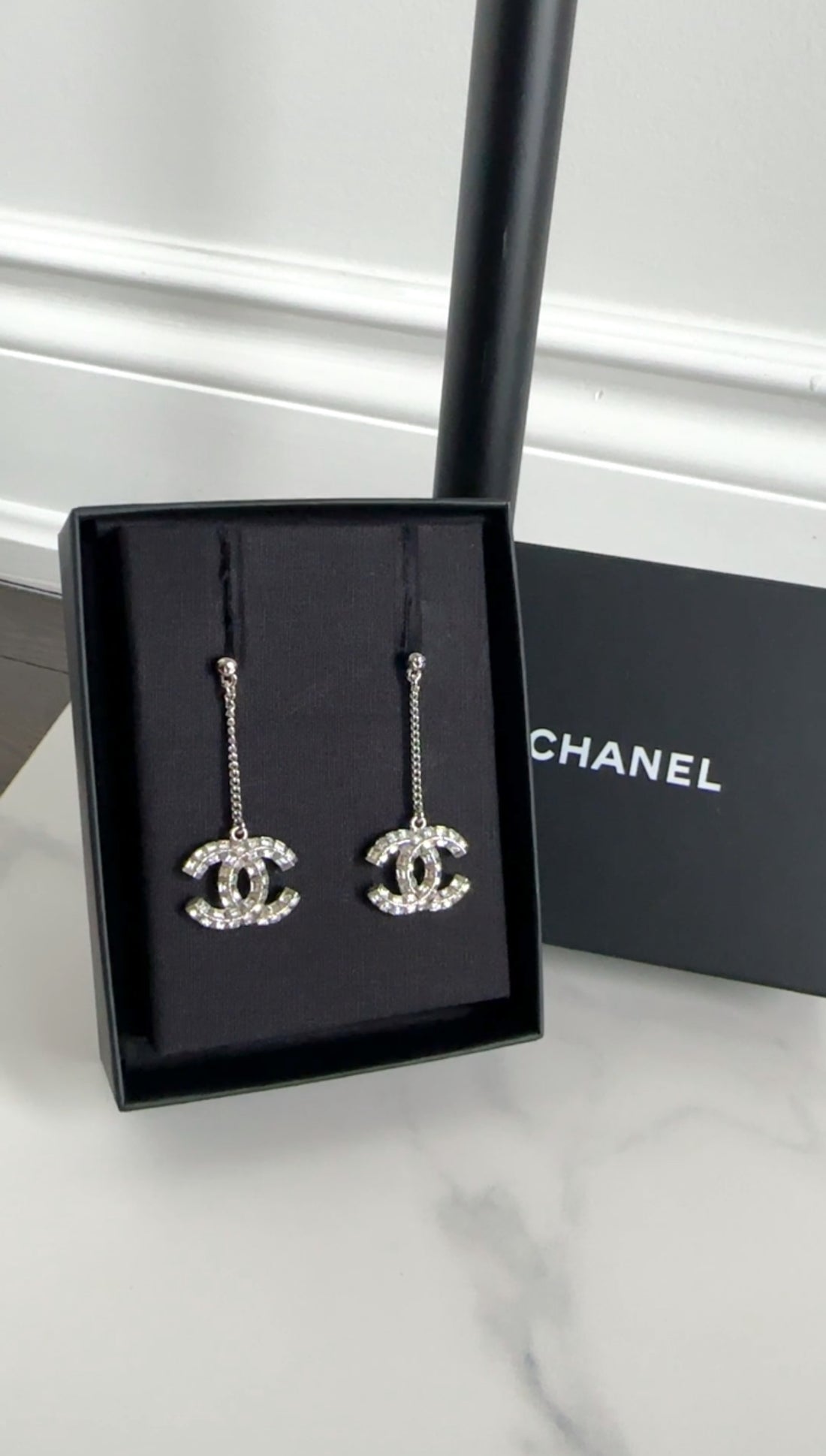 Chanel Sivertone Strass CC Drop Earrings