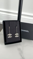 Chanel Sivertone Strass CC Drop Earrings