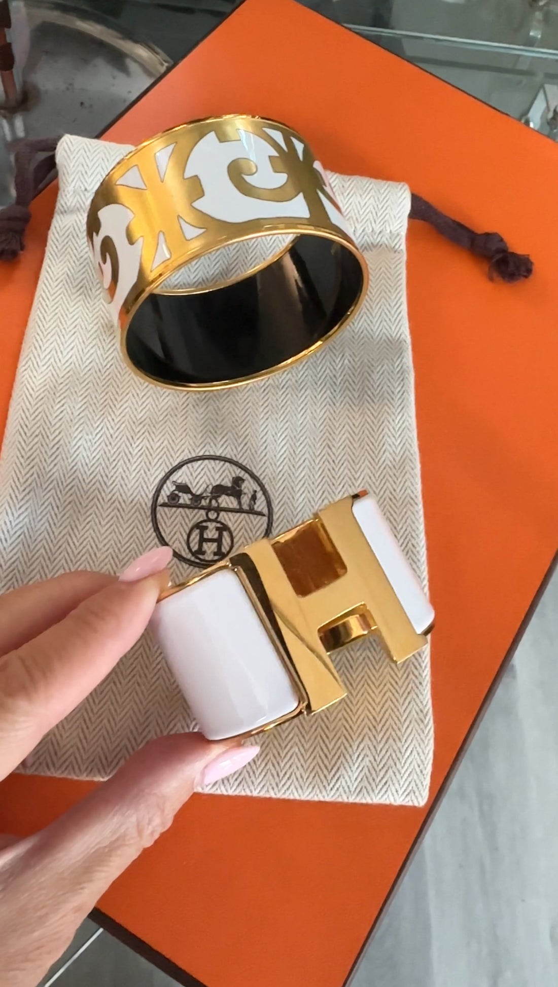 Hermes Balcons du Guadalquivir White Gold Enamel Extra Wide Bangle Bracelet