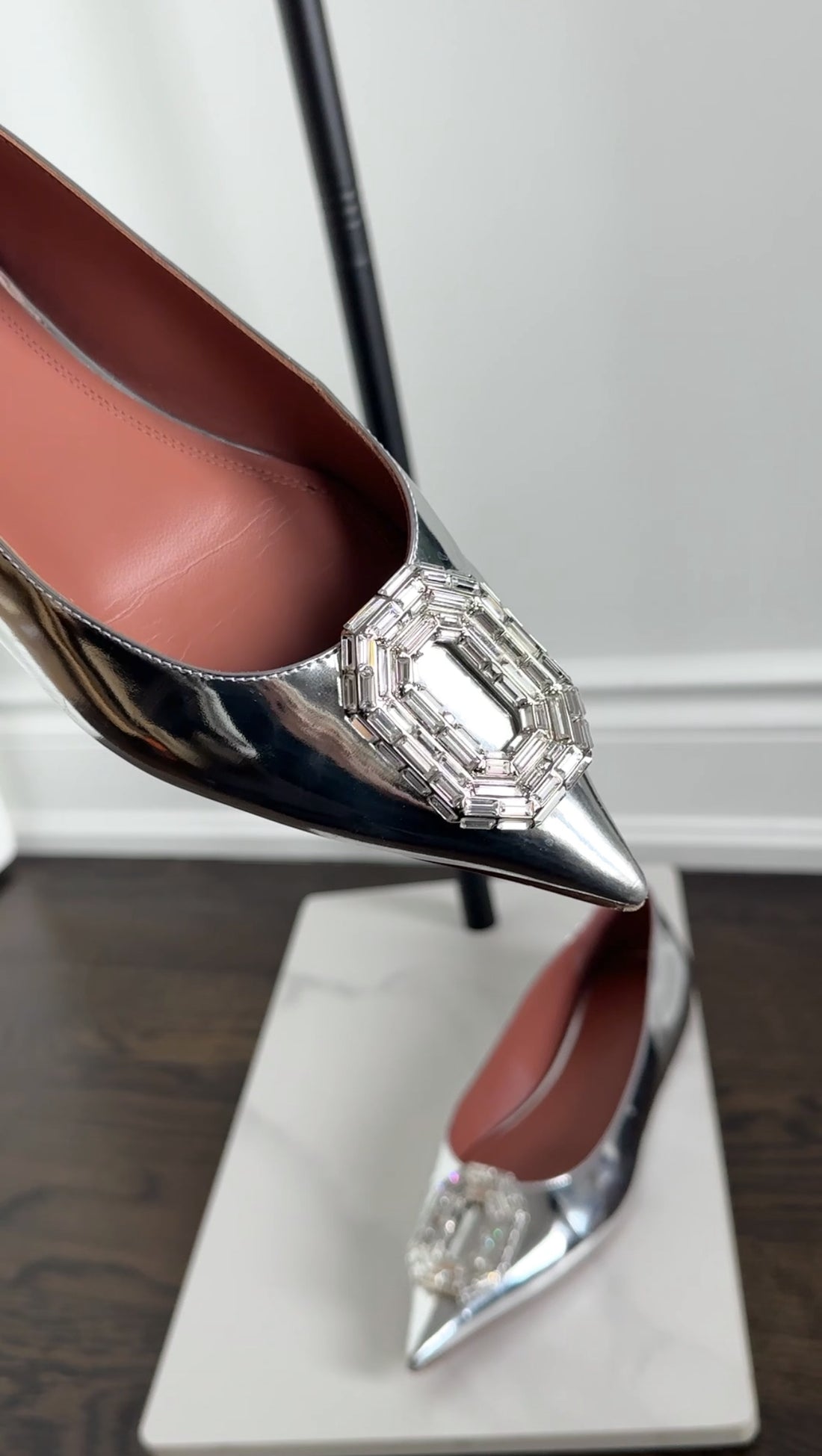 Amina Muaddi Silver Metallic Leather Crystal Embellished Ballet Flats - 8.5