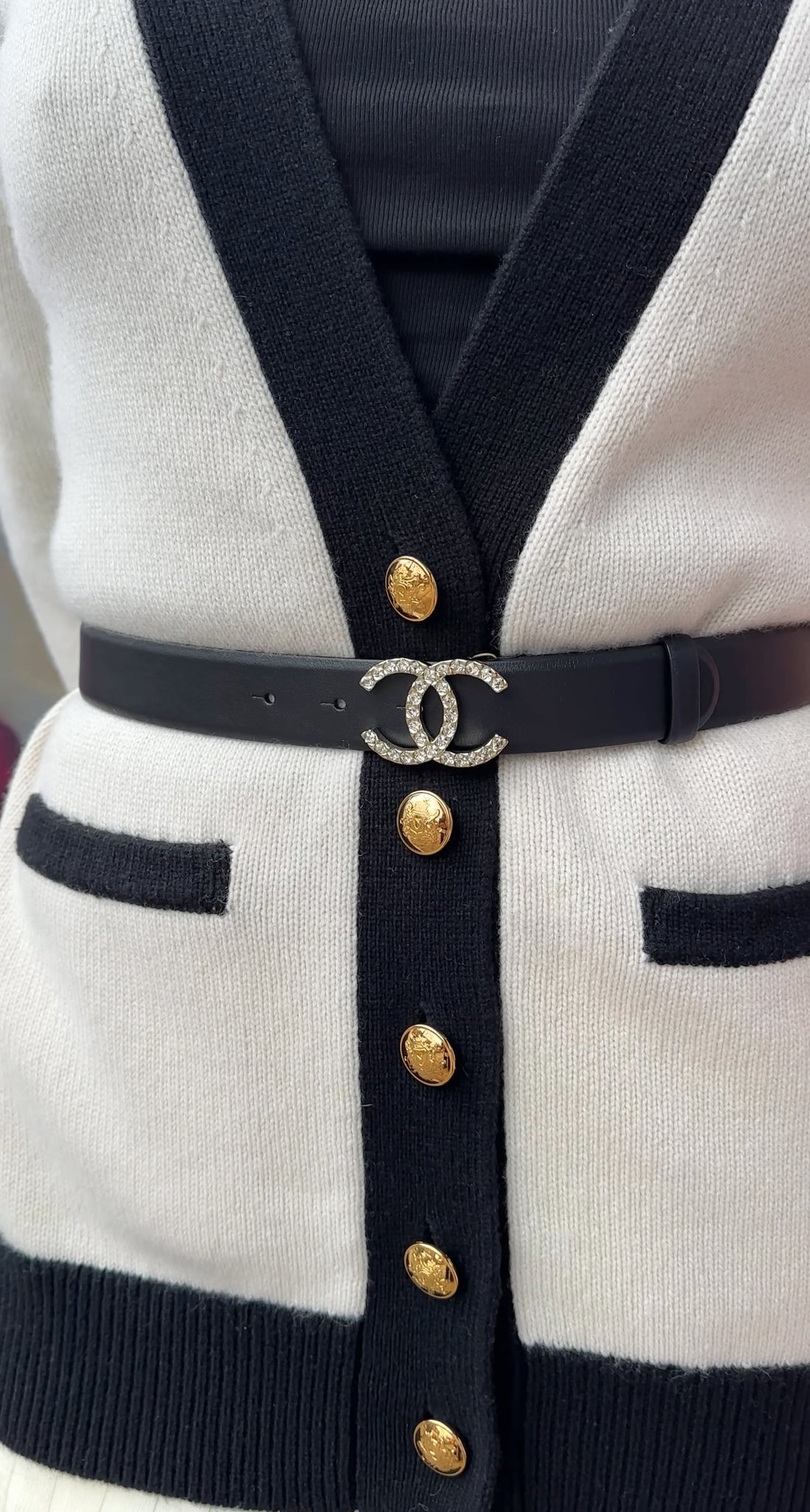 Chanel 20A Black Leather Light Goldtone Crystal CC Belt - 29-31"