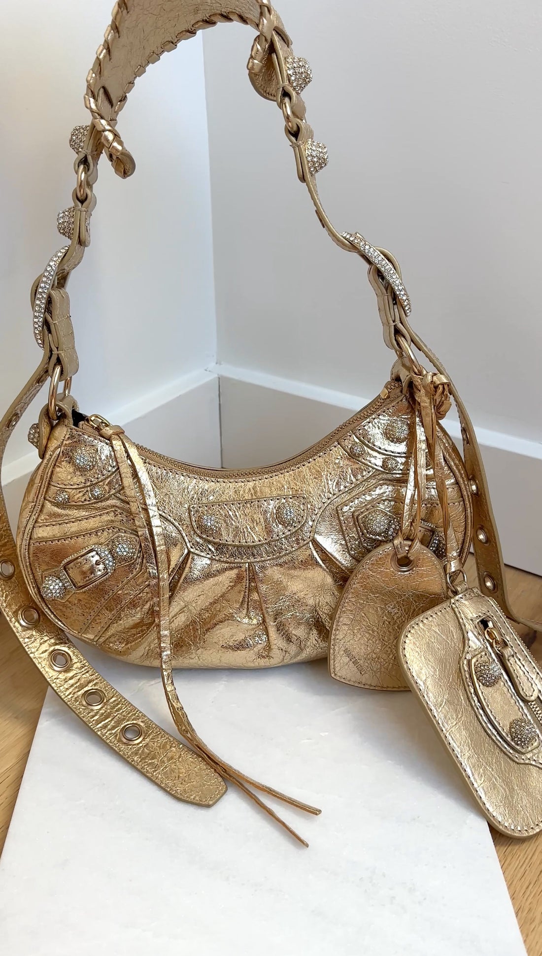 Balenciaga Cagole Gold Metallic Leather Giant Studs Strass Crystal Bag