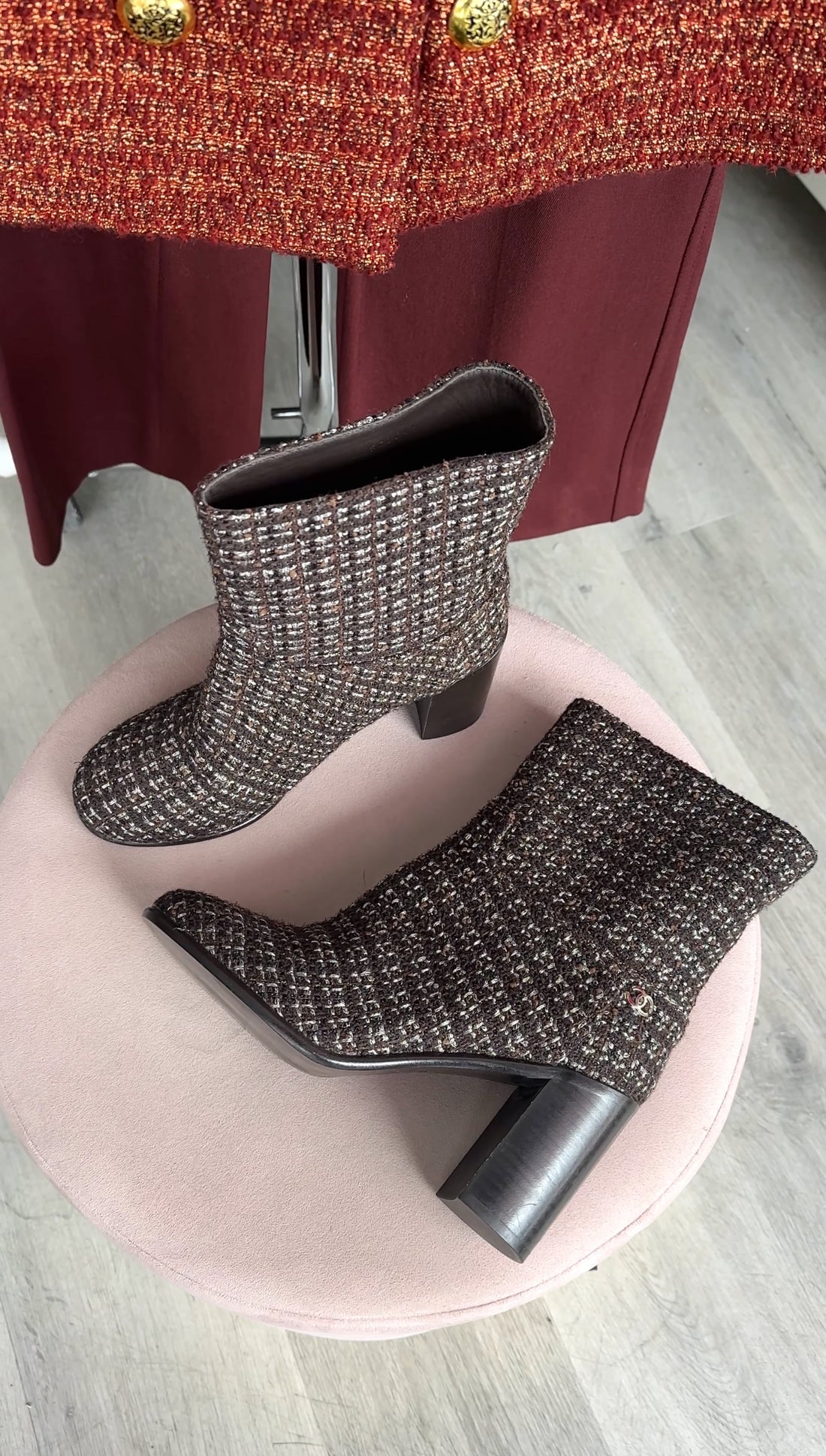 Chanel Brown Tweed Block-Heel Boots - 38.5