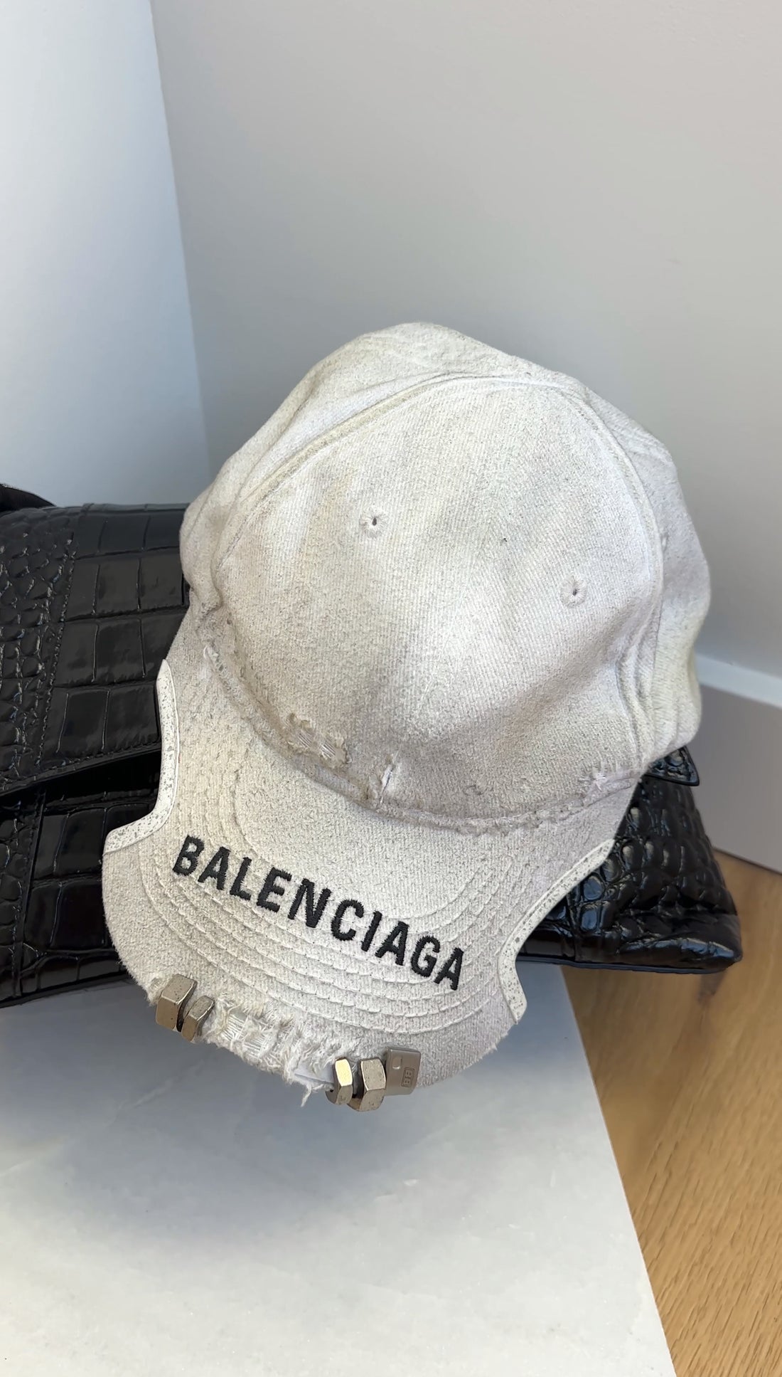 Balenciaga White Distress Notch Nut Baseball Cap Hat
