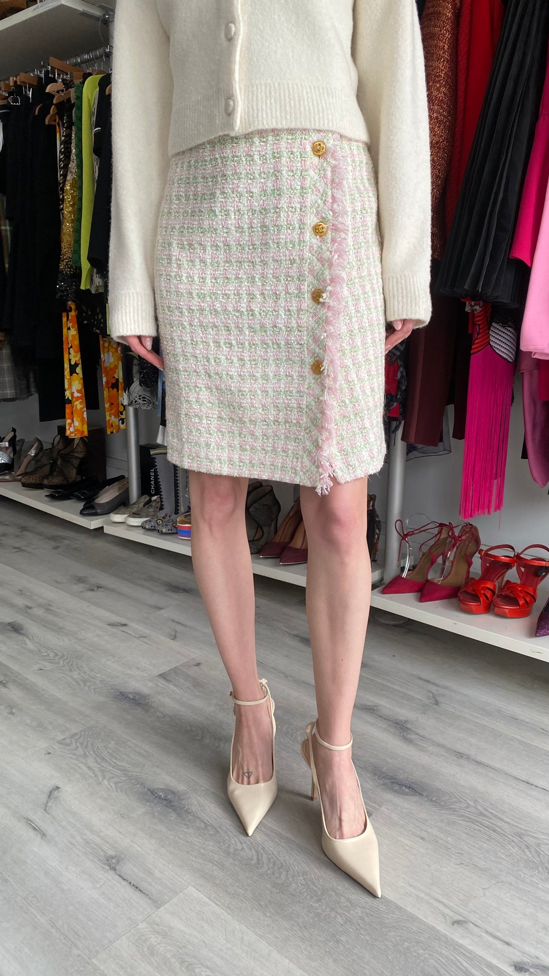 Chanel Vintage 1993 Pink & Green Gingham Tweed CC Button Skirt - FR 42 / US 8-10