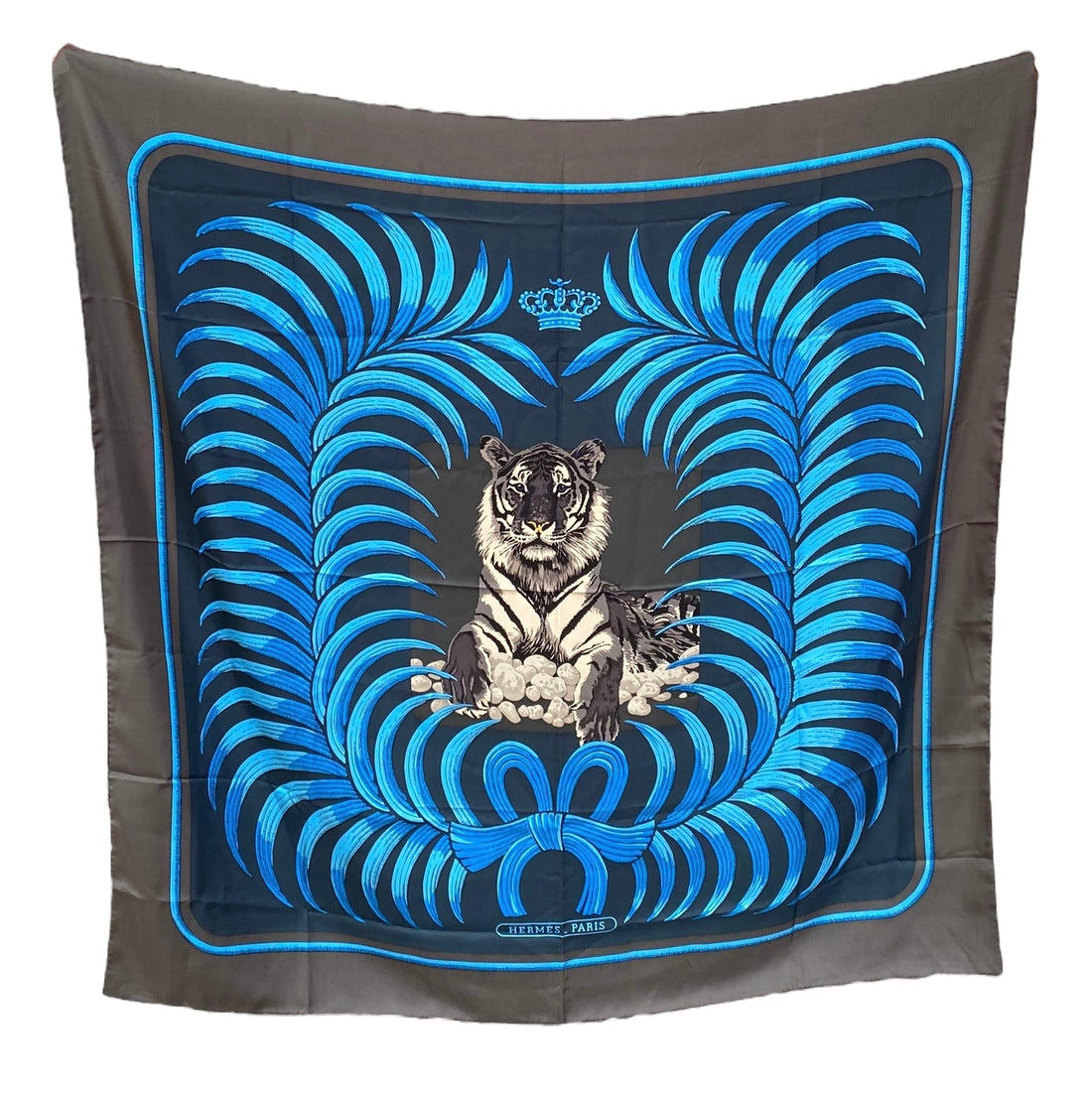 Hermes Silk Twill 140cm Giant Shawl Scarf Tigre Royal Blue Graphite, Beige