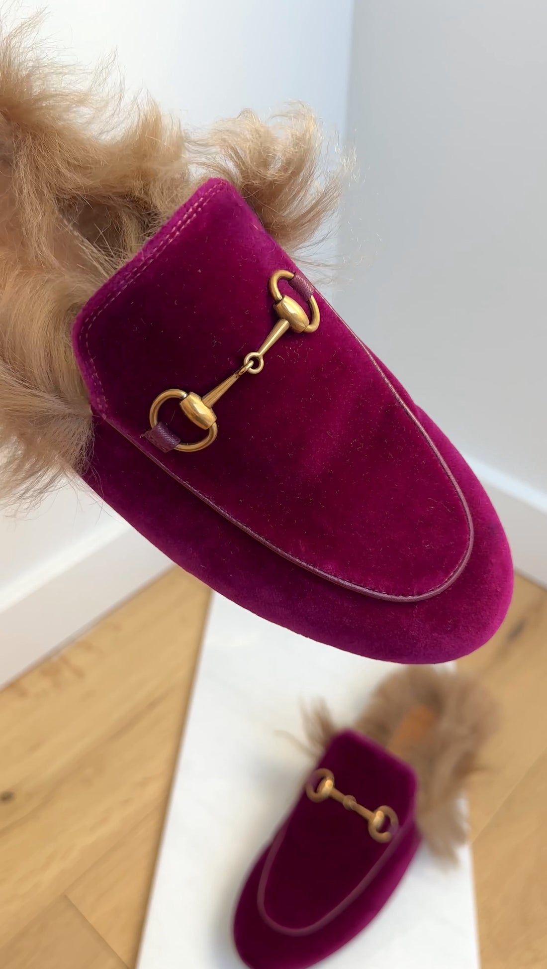 Gucci Magenta Purple Velvet Princetown Slippers Fur Lined - 37