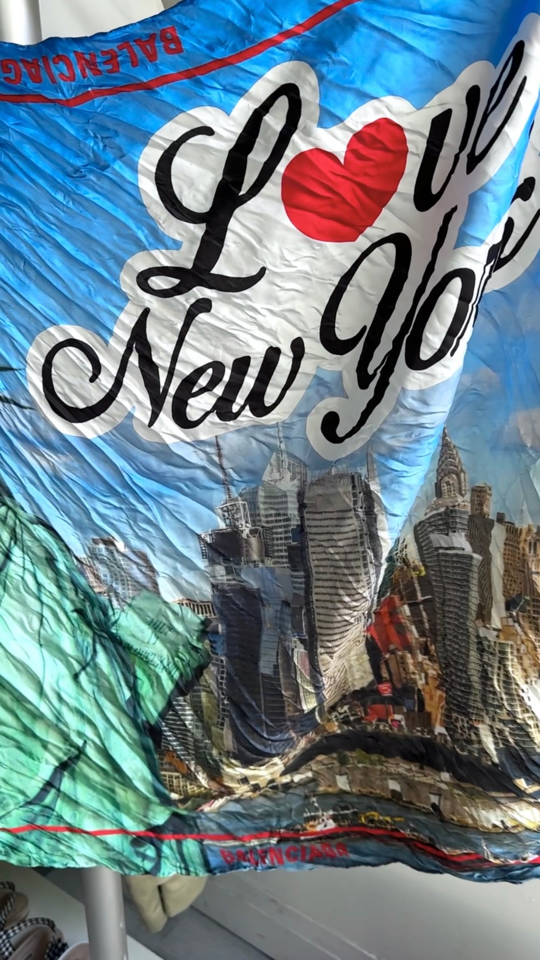 Balenciaga I Love New York blue Green Silk Wrinkle Scarf