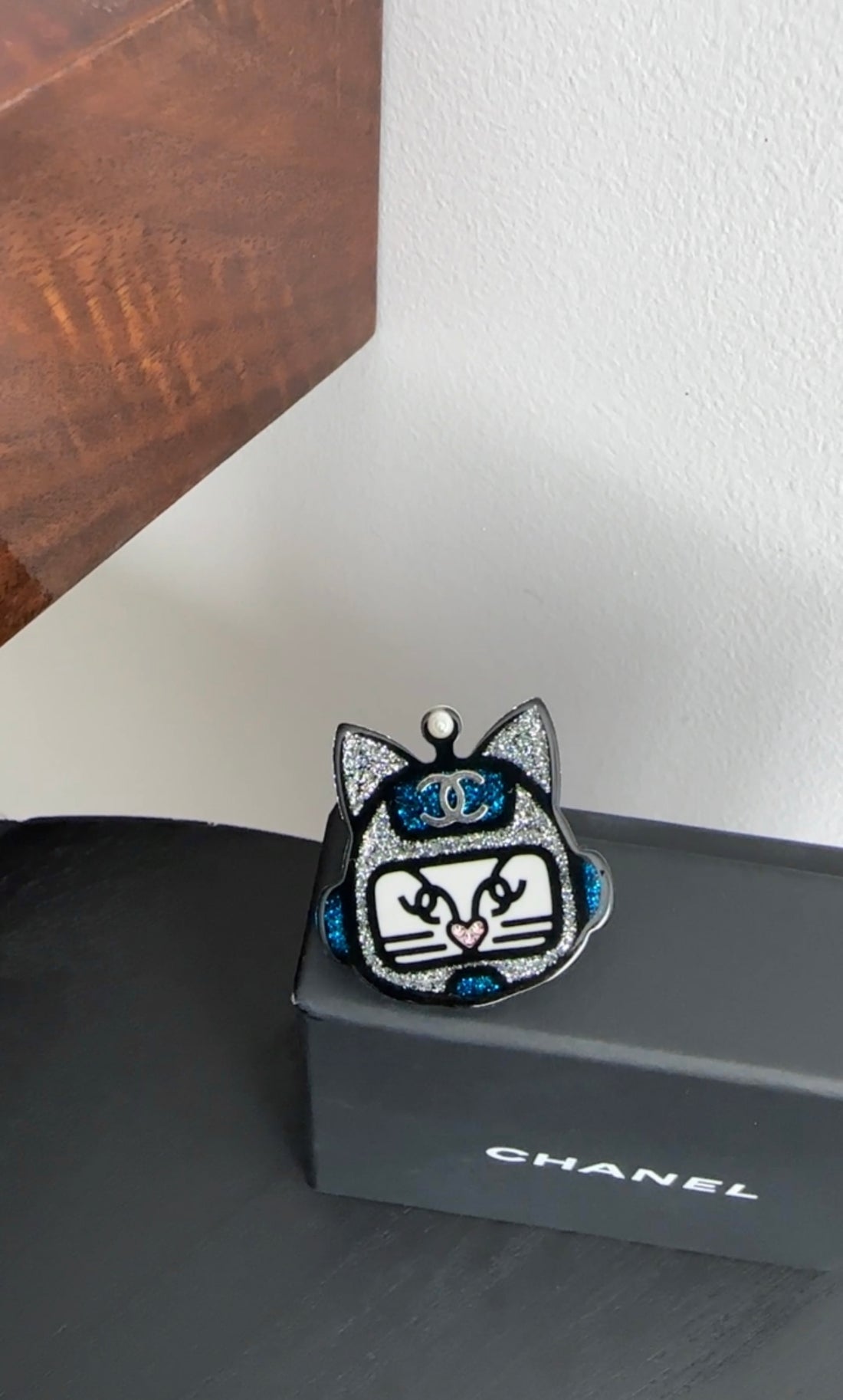 Chanel 17S Blue and Silver Resin Space Cat Brooch / Pin