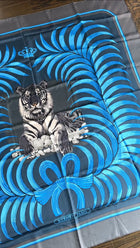 Hermes Silk Twill 140cm Giant Shawl Scarf Tigre Royal Blue Graphite, Beige