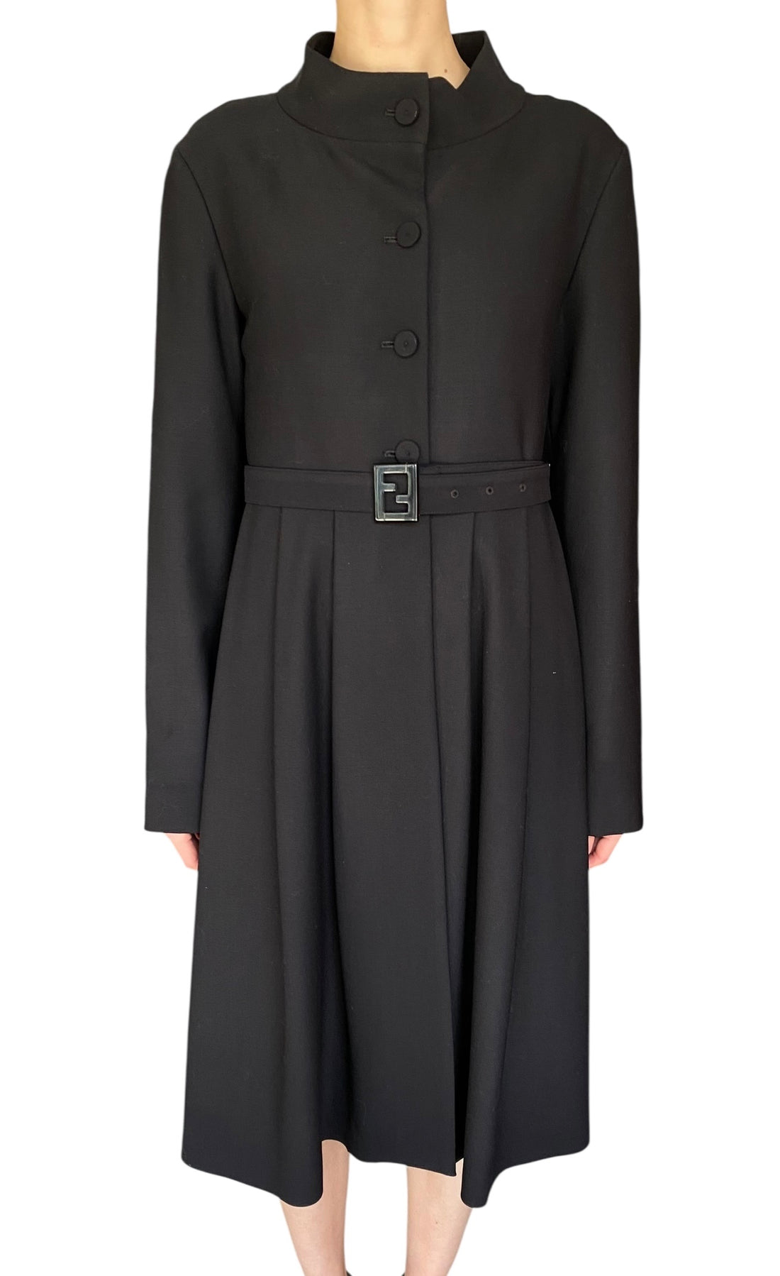 Fendi Black Belted Wool Dress Coat - IT 42 / US 8