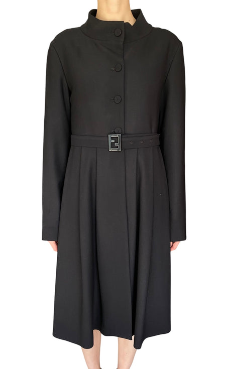 Fendi Black Belted Wool Dress Coat - IT 42 / US 8
