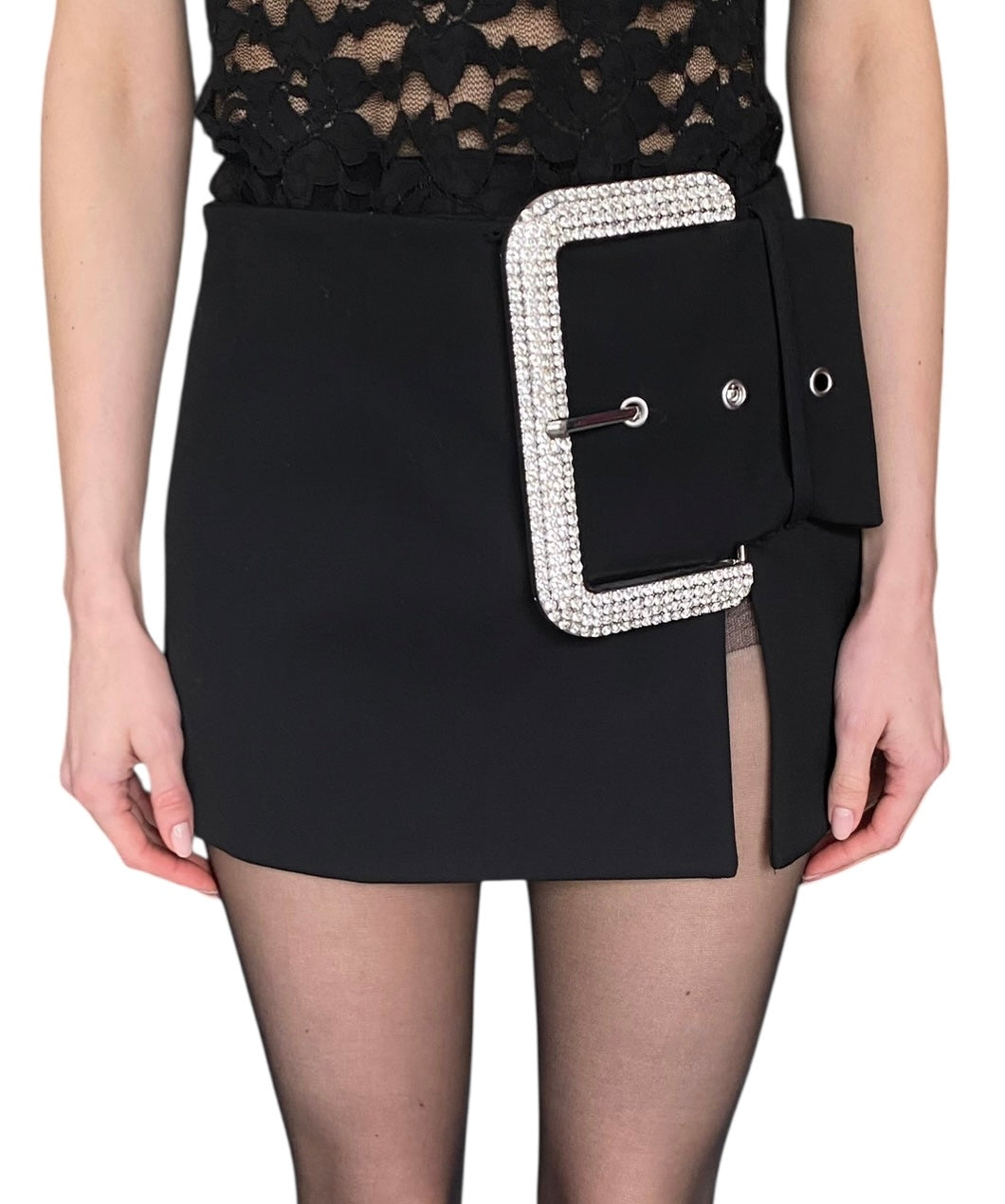 Area Black Crystal Buckle Wool Mini Skirt - US 4