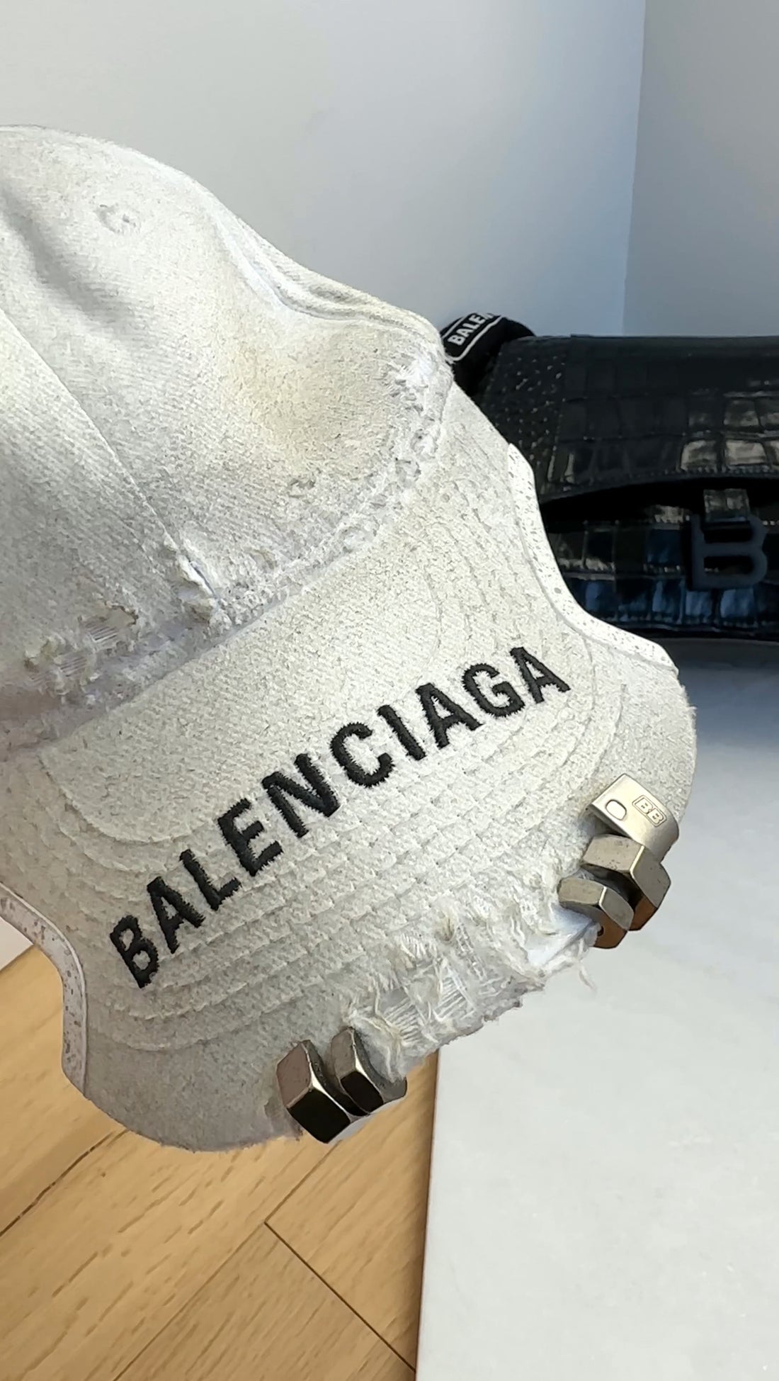 Balenciaga White Distress Notch Nut Baseball Cap Hat