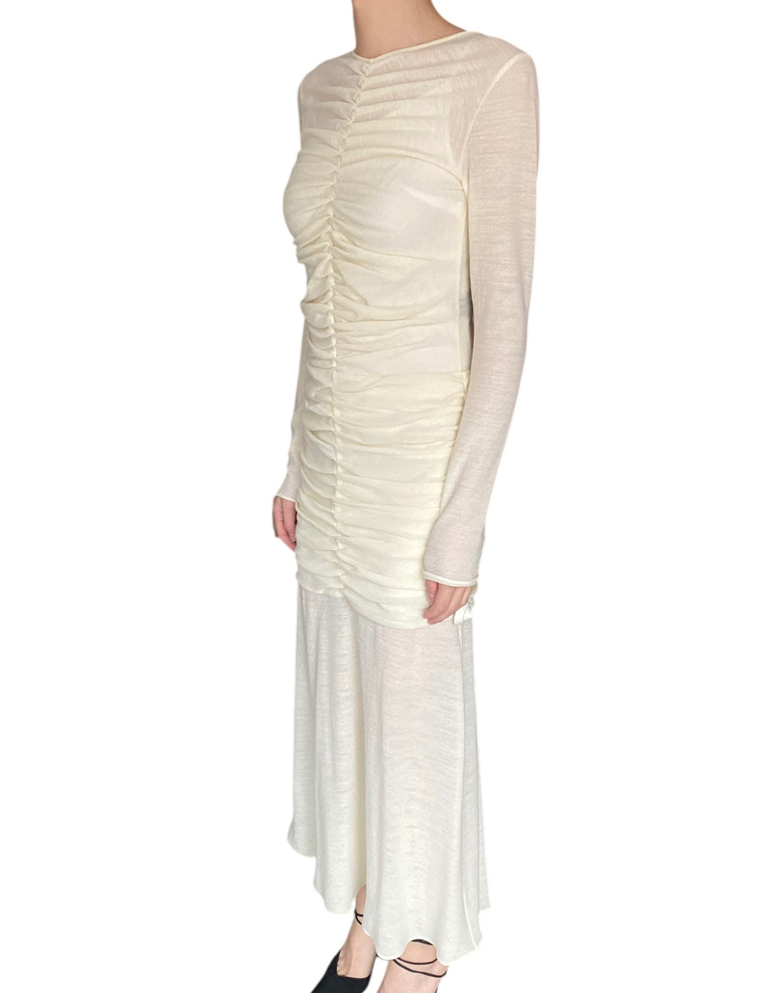 Moré Noir Ivory Ruched Fishtail Midi Dress - M