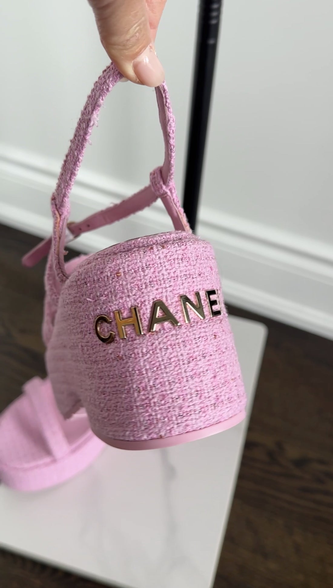 Chanel 23C Pink Tweed Platform Sandal with Logo at Heel - 41