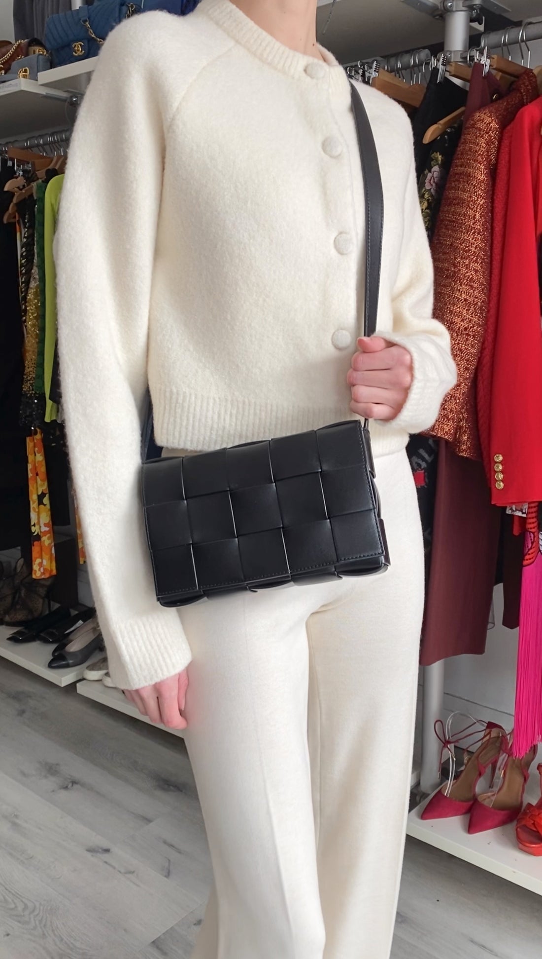 Bottega Veneta Black Woven Leather Medium Cassette Bag