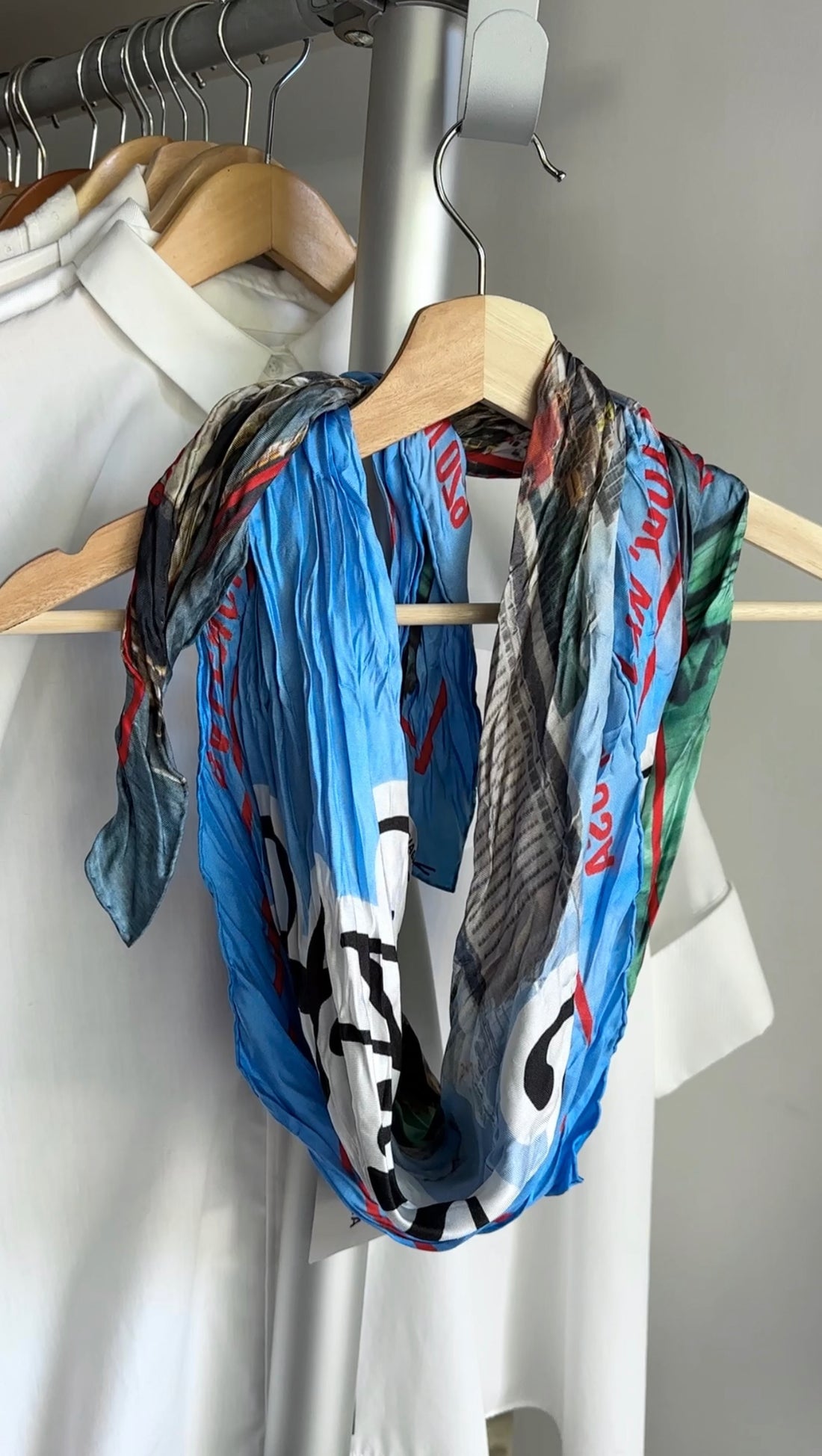 Balenciaga I Love New York blue Green Silk Wrinkle Scarf