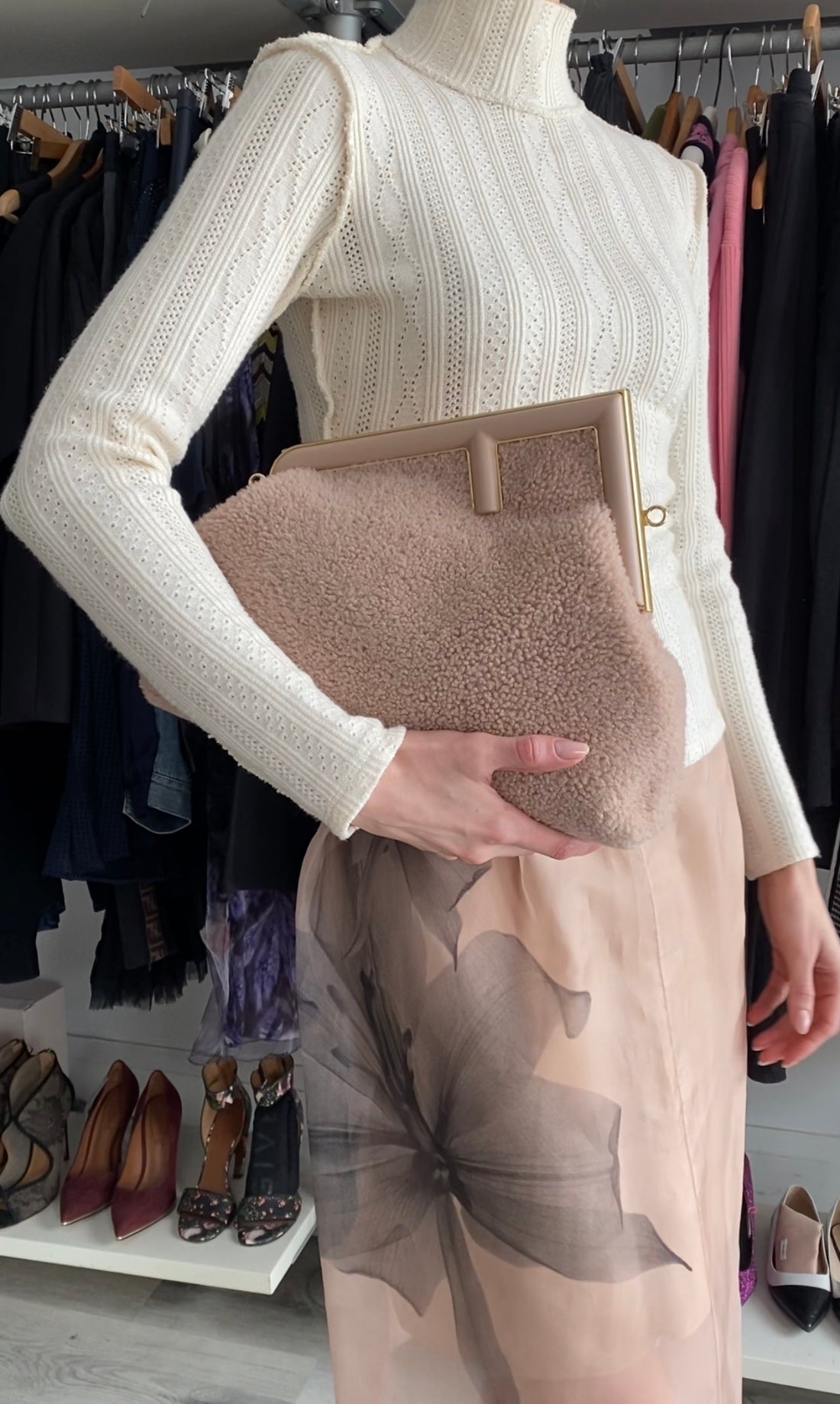 Fendi First Medium Light Beige Shearling Teddy Frame Bag