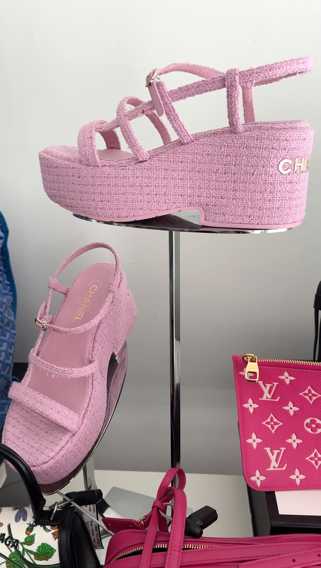 Chanel 23C Pink Tweed Platform Sandal with Logo at Heel - 41