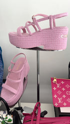 Chanel 23C Pink Tweed Platform Sandal with Logo at Heel - 41