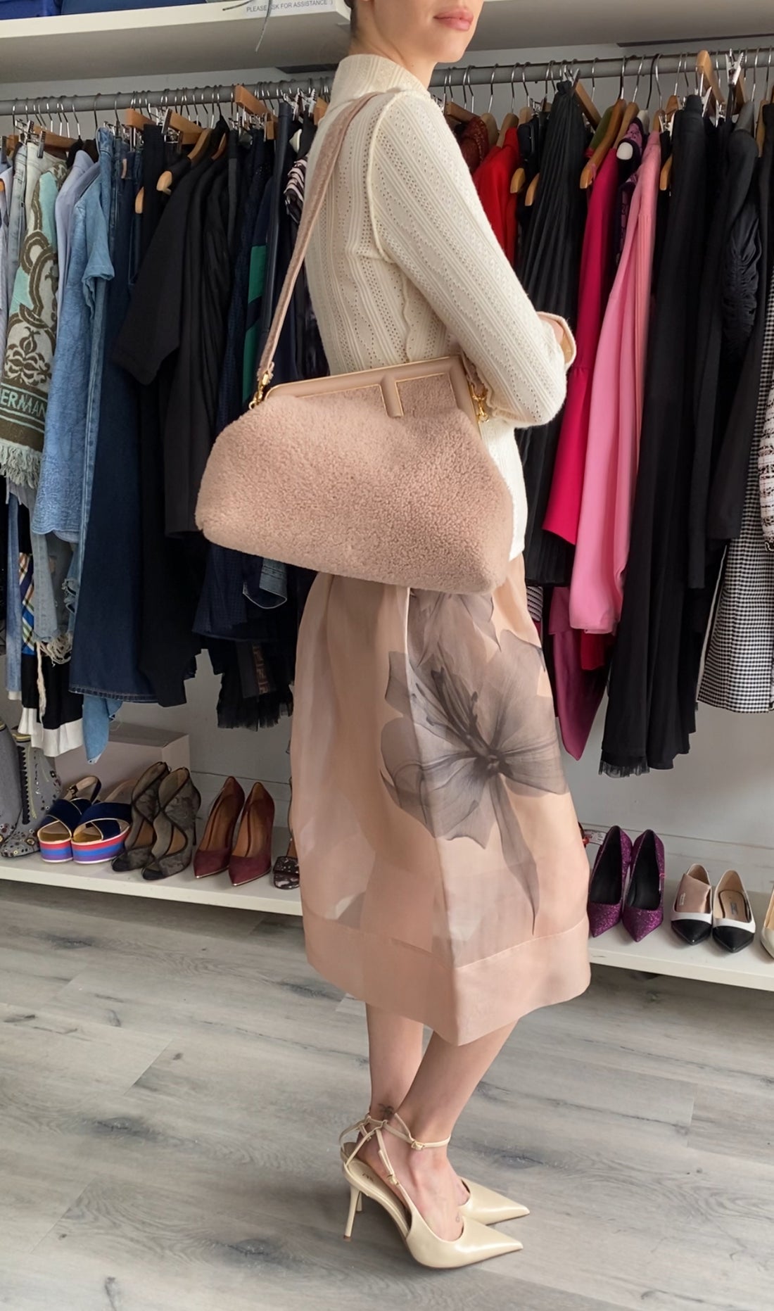 Fendi First Medium Light Beige Shearling Teddy Frame Bag