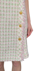 Chanel Vintage 1993 Pink & Green Gingham Tweed CC Button Skirt - FR 42 / US 8-10