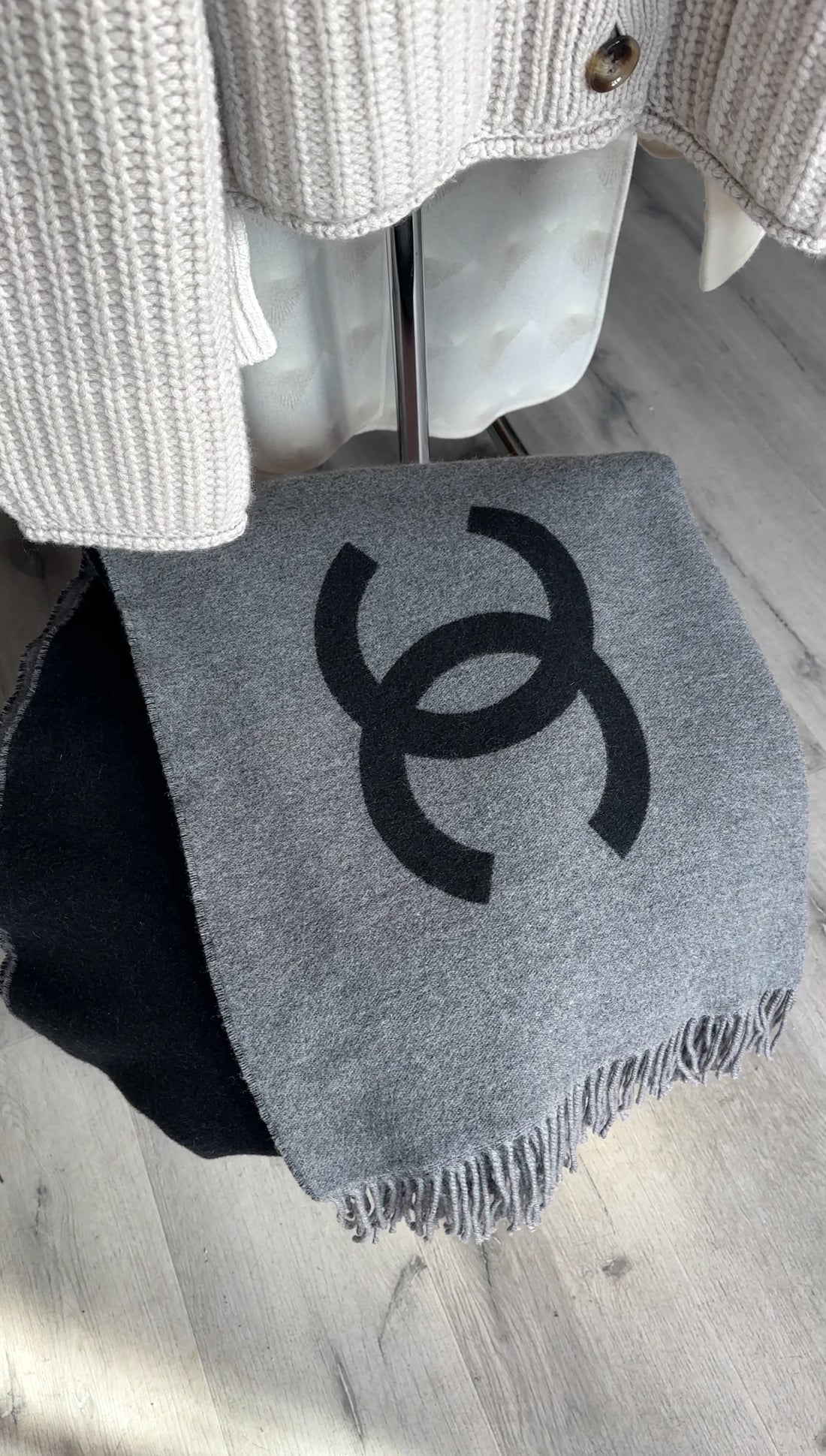 Chanel Charcoal Grey and Black Spellout Logo CC Pillow and Throw Blanket Set