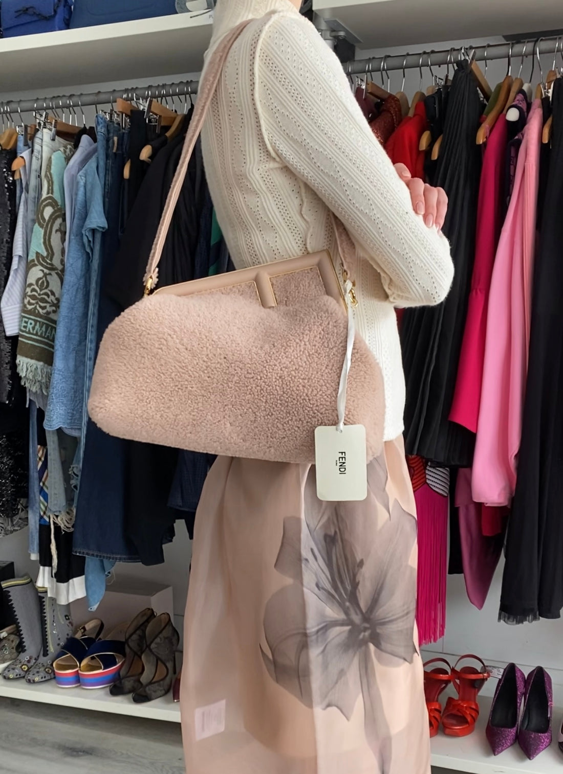 Fendi First Medium Light Beige Shearling Teddy Frame Bag