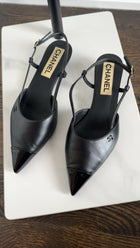 Chanel 22K Black Leather Cap Toe Slingback Kitten Heels - 36.5C
