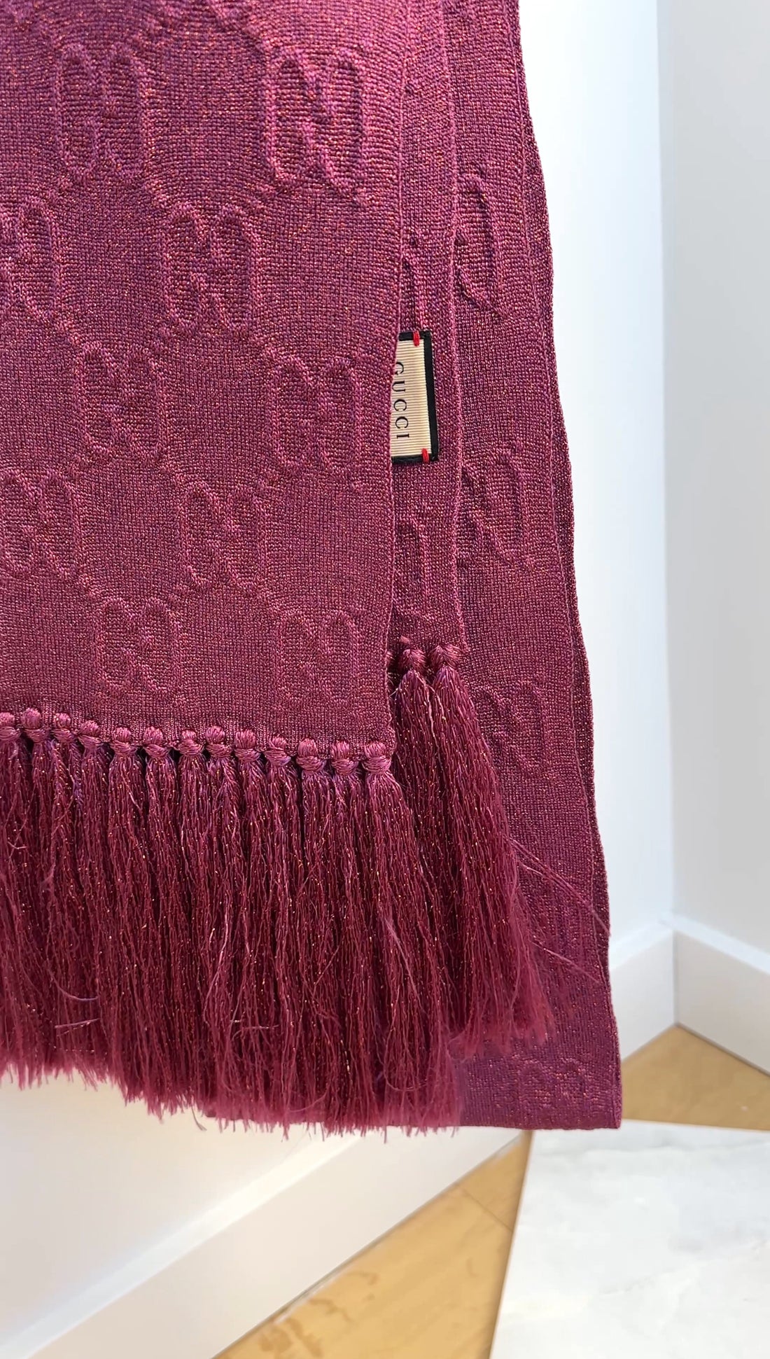 Gucci GG Monogram Pink Shimmer Fringe Long Scarf