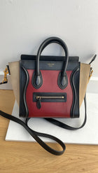 Celine Tricolour Burgundy Black Taupe Leather Nano Luggage Tote Bag