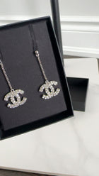 Chanel Sivertone Strass CC Drop Earrings