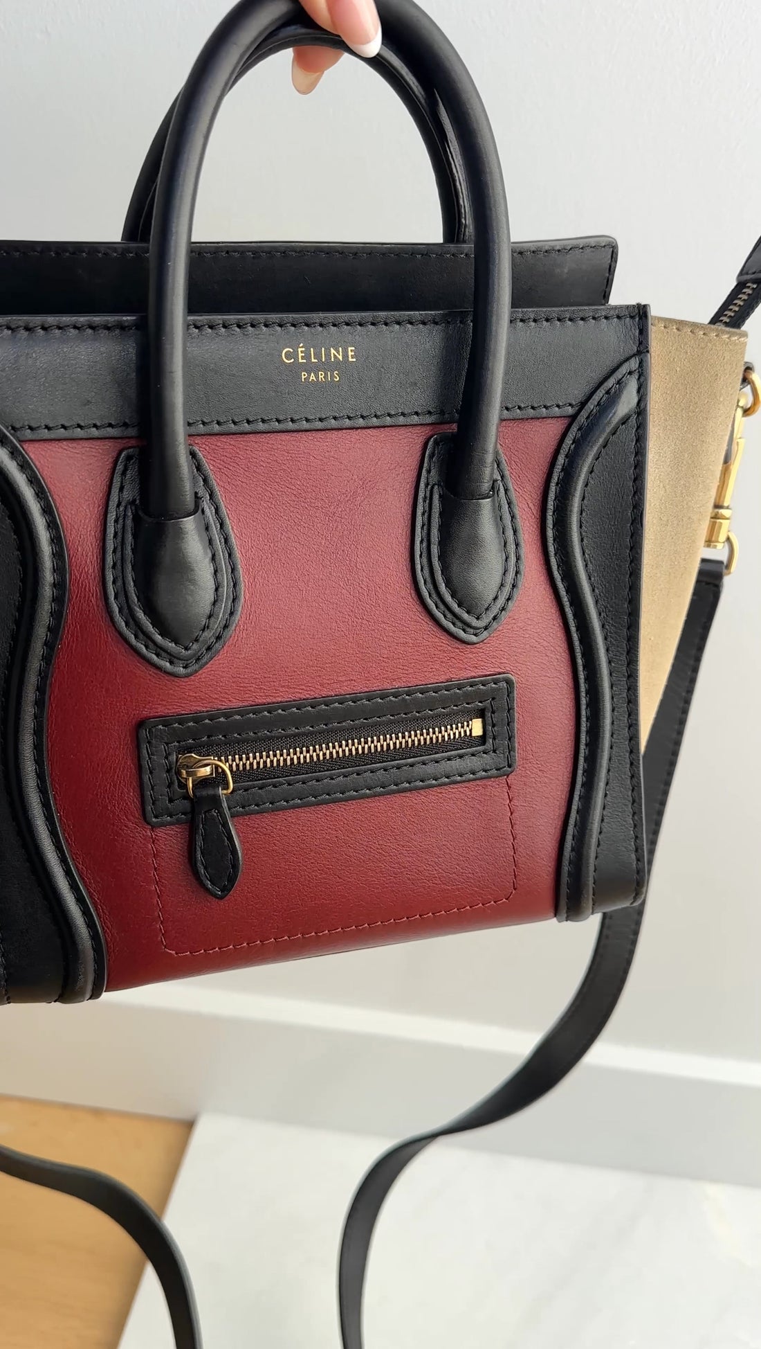 Celine Tricolour Burgundy Black Taupe Leather Nano Luggage Tote Bag