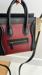 Celine Tricolour Burgundy Black Taupe Leather Nano Luggage Tote Bag