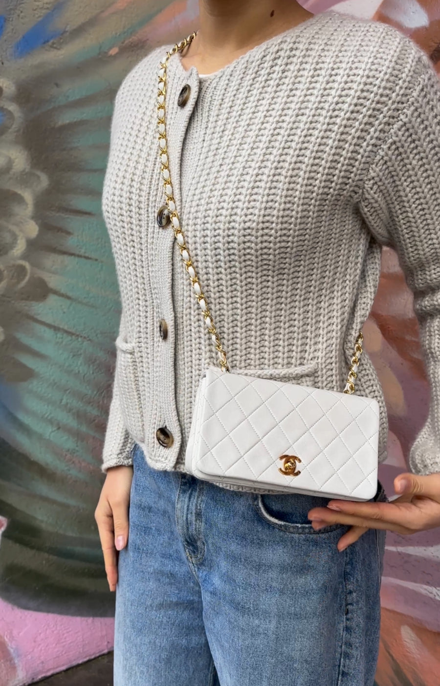 Chanel Vintage 1989 Mini White Lambskin Quilted Full Flap Bag