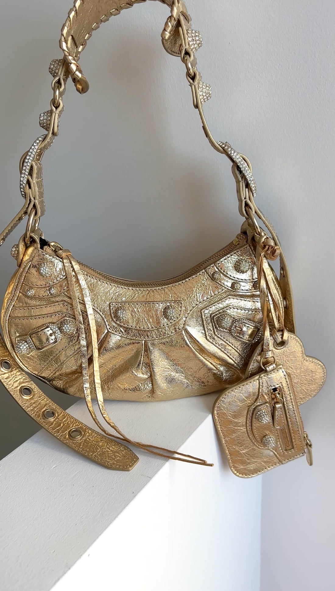 Balenciaga Cagole Gold Metallic Leather Giant Studs Strass Crystal Bag