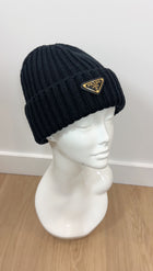 Prada Black Wool Rib Knit Goldtone Triangle Logo Toque Beanie Hat - L / 59