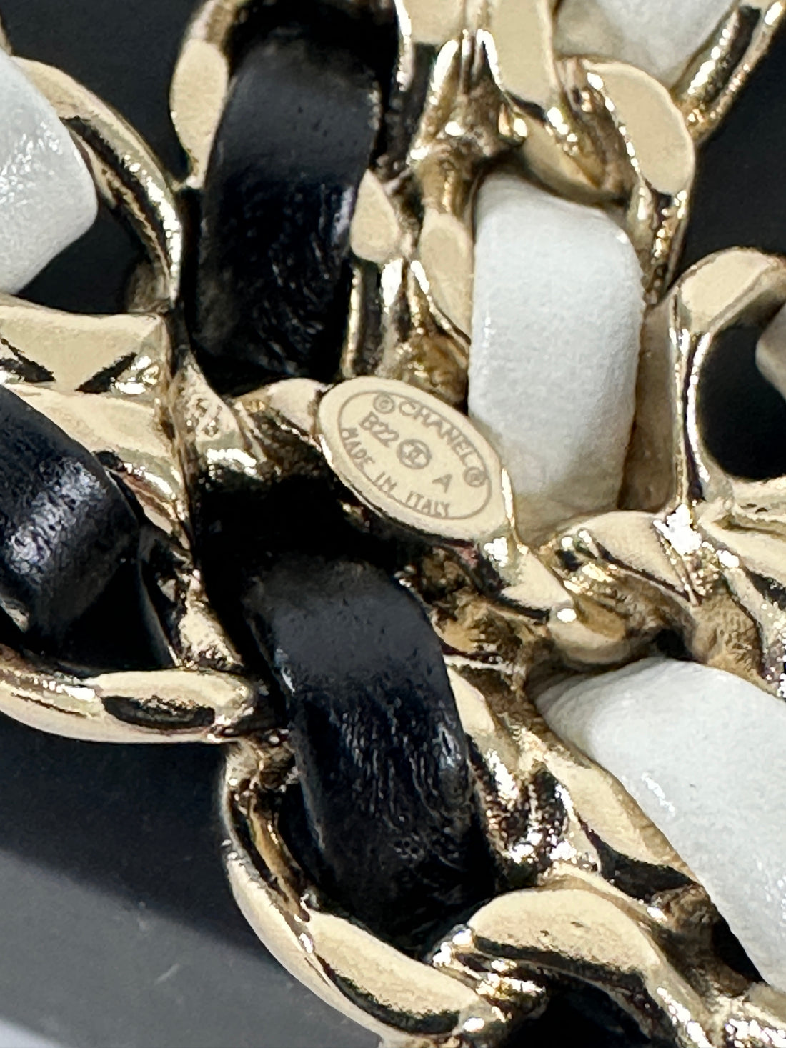 Chanel 22A Large Black and White Leather Woven Goldtone CC Brooch