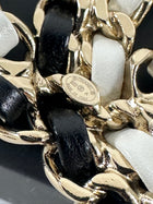 Chanel 22A Large Black and White Leather Woven Goldtone CC Brooch