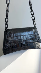 Balenciaga Black Croc Emboss Downtown Small Chain Hourglass Shoulder Bag