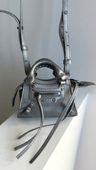 Balenciaga Silver Pewter Leather Super Nano Neo Classic City Bag