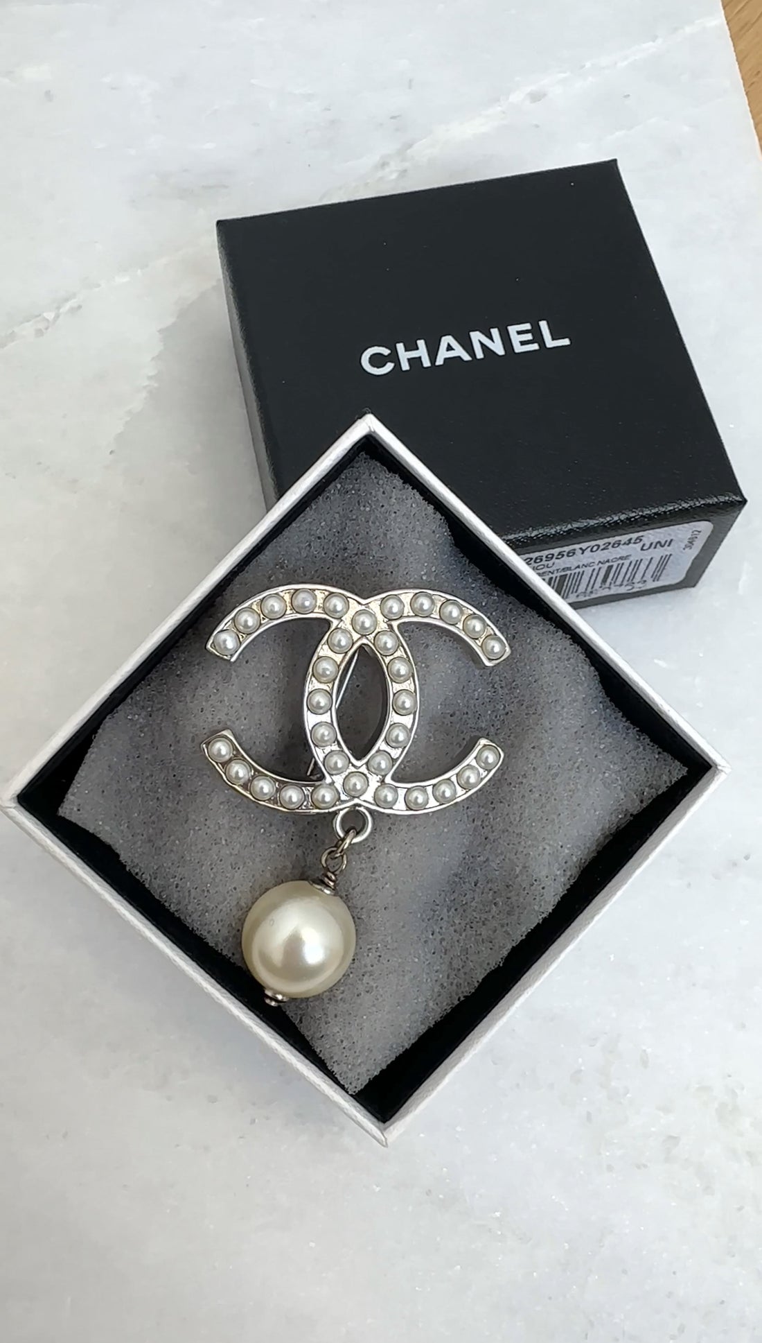 Chanel 00V Silvertone CC Faux Pearl Drop Brooch