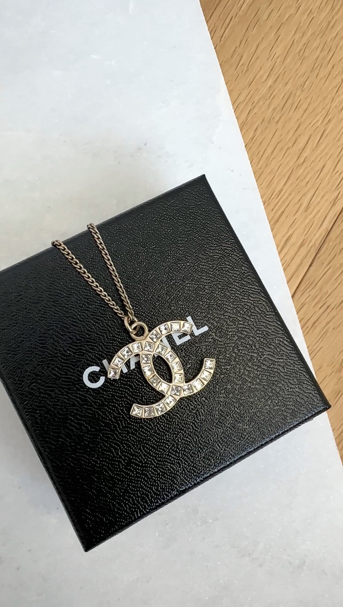 Chanel 12A Antiqued Goltone Crystal CC Baguette Pendant Necklace